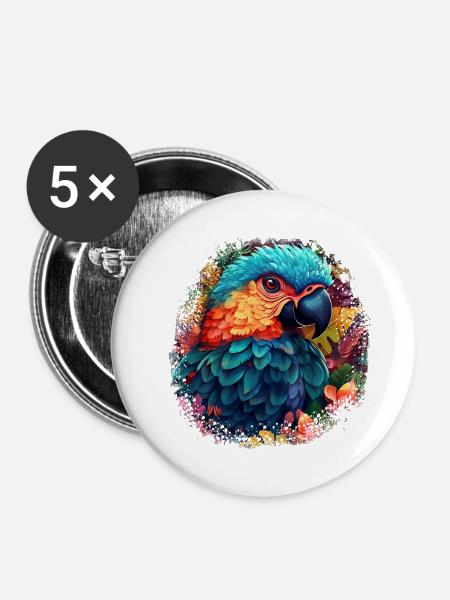 Bunter Papagei - Buttons groß 56 mm (5er Pack) - Weiß