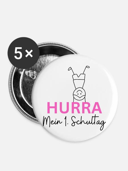 Hurra Schulkind - Buttons groß 56 mm (5er Pack) - Weiß