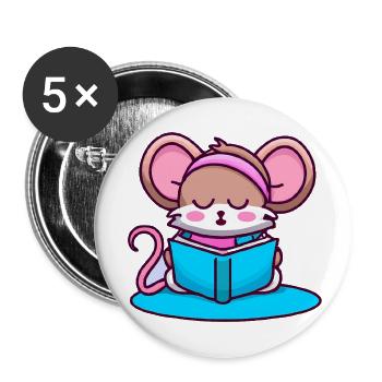 Leseratte Bücherwurm Maus - Buttons groß 56 mm (5er Pack) - Weiß - Vorne