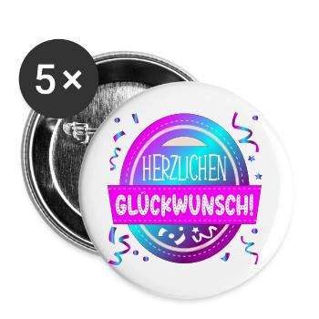 HERZLICHEN GLÜCKWUNSCH SPRÜCHE ANLASS GRATULATION - Buttons groß 56 mm (5er Pack) - Weiß - Vorne