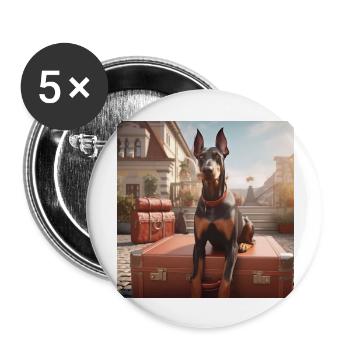 Dobermann im Urlaub auf einem Koffer - Buttons groß 56 mm (5er Pack) - Weiß - Vorne