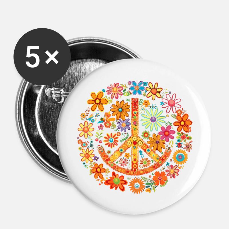 Frieden in Blumen - Buttons groß 56 mm (5er Pack) - Weiß