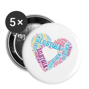 LGBTQIA+ Double Heart Word Cloud Gay Pride T-Shirt - Buttons large 2.2''/56 mm (5-pack) - white - Front