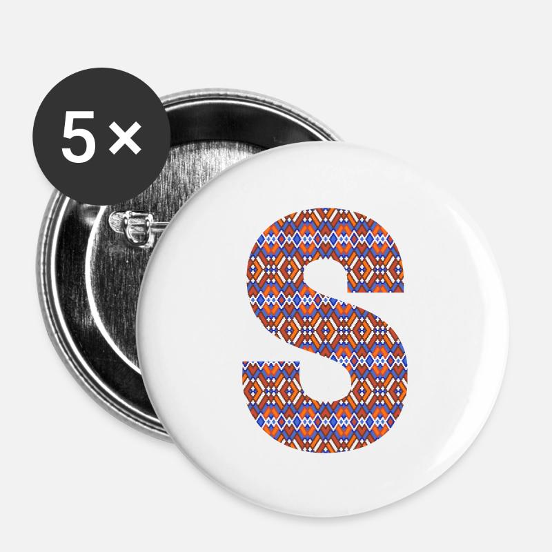 Monogramm Buchstabe S - geometrisches Muster - Buttons groß 56 mm (5er Pack) - Weiß