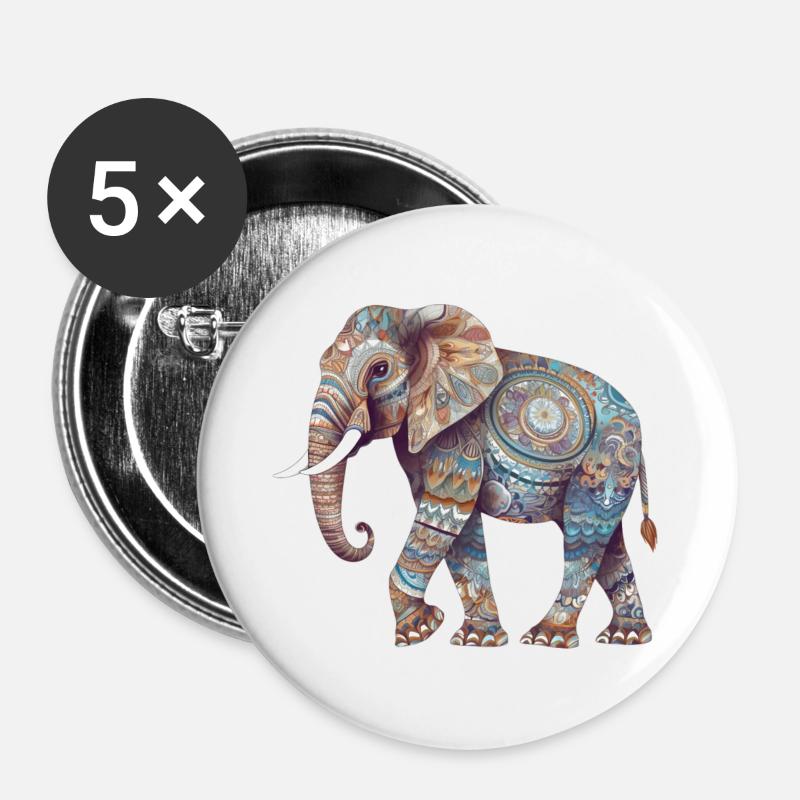 Colorful Mandala Elephant - Buttons large 2.2''/56 mm (5-pack) - white