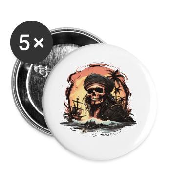 Totenkopfpirat - Buttons groß 56 mm (5er Pack) - Weiß - Vorne