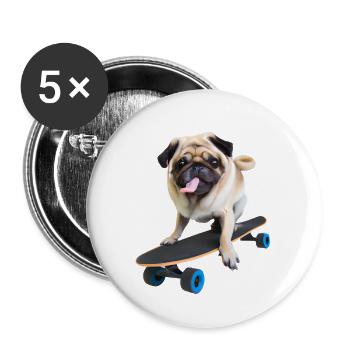 Mops auf Skateboard AICF 1 - Buttons groß 56 mm (5er Pack) - Weiß - Vorne