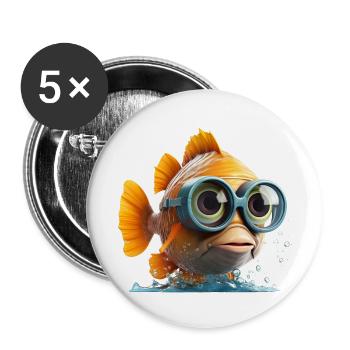 Lustiger Fisch mit Taucher Brille - Buttons groß 56 mm (5er Pack) - Weiß - Vorne