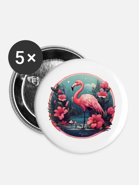 Floraler Flamingo - Buttons groß 56 mm (5er Pack) - Weiß