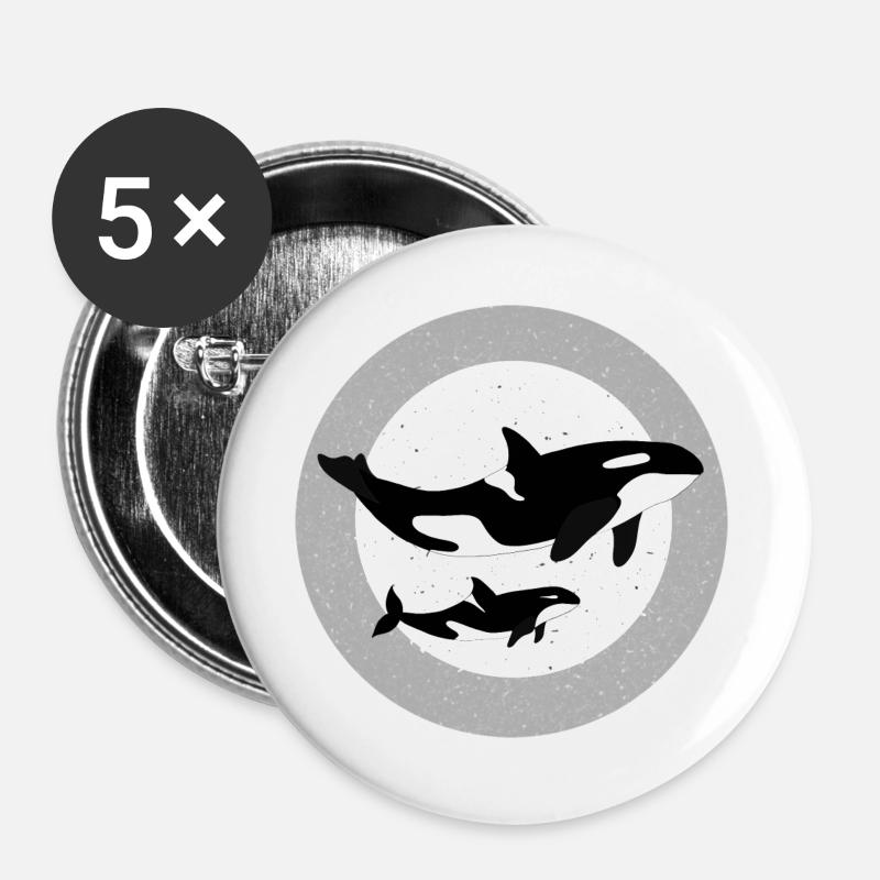 Wal und Orca Illustration - Buttons groß 56 mm (5er Pack) - Weiß