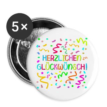 Herzlichen Glückwunsch Geburtstagsgrüße Konfetti - Buttons groß 56 mm (5er Pack) - Weiß - Vorne