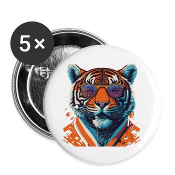 Wild und furchtlos: Retro Tiger T-Shirt - Buttons groß 56 mm (5er Pack) - Weiß - Vorne