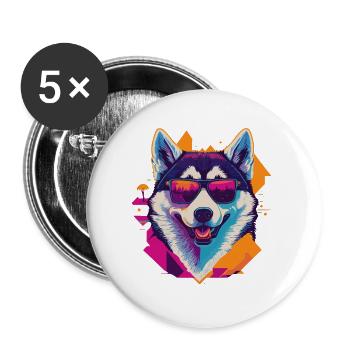 Frosty Fury: Retro Husky T-Shirt - Buttons groß 56 mm (5er Pack) - Weiß - Vorne