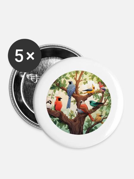 Bunte Vögel - Buttons groß 56 mm (5er Pack) - Weiß