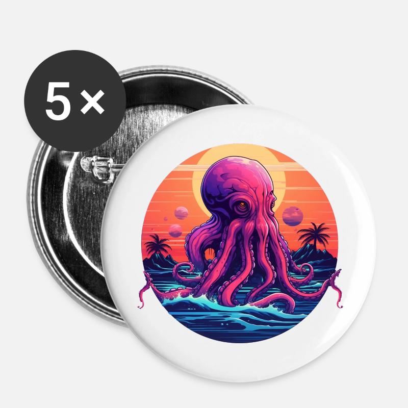 Octopus 80s synthwave 1 without stroke - Buttons groß 56 mm (5er Pack) - Weiß