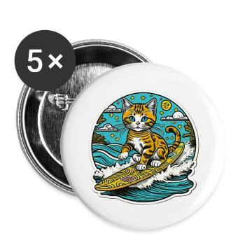 Chat mignon, petit kitty surf en été - Lot de 5 grands badges (56 mm) - blanc - Devant