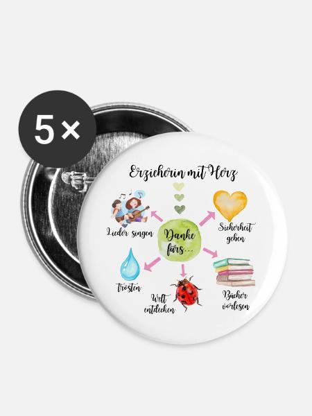 Erzieherin mit Herz - Buttons groß 56 mm (5er Pack) - Weiß