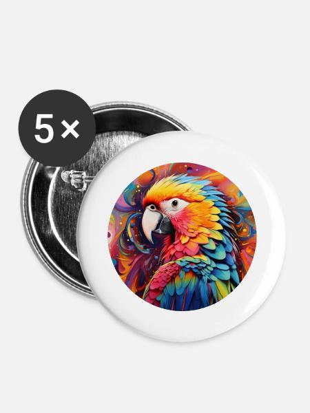 Regenbogen-Papagei - Buttons groß 56 mm (5er Pack) - Weiß