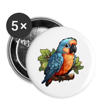 Papagei auf einem Ast im Comic-Stil - Buttons groß 56 mm (5er Pack) - Weiß - Vorne