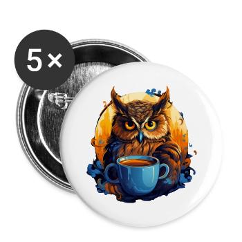 Der Uhu vor seiner Tasse Kaffee - Buttons groß 56 mm (5er Pack) - Weiß - Vorne