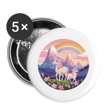 Einhorn Familie mit Regenbogen - Buttons groß 56 mm (5er Pack) - Weiß - Vorne