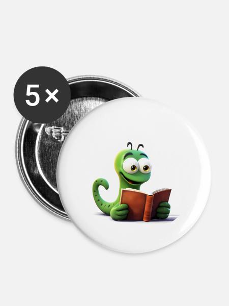 Bücherwurm - Buttons groß 56 mm (5er Pack) - Weiß
