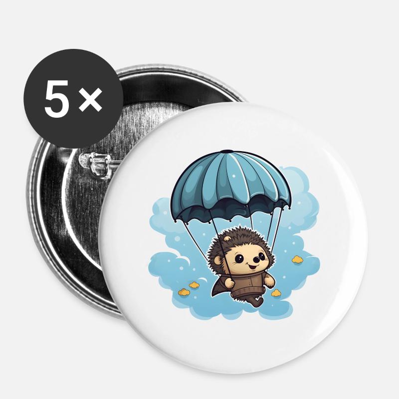 Igel mit Fallschirm - Buttons groß 56 mm (5er Pack) - Weiß