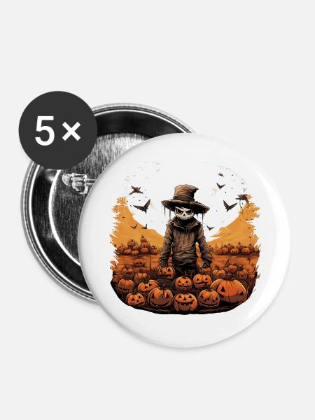 Gruselige Halloween Vogelscheuche im Kürbisfeld - Buttons groß 56 mm (5er Pack) - Weiß