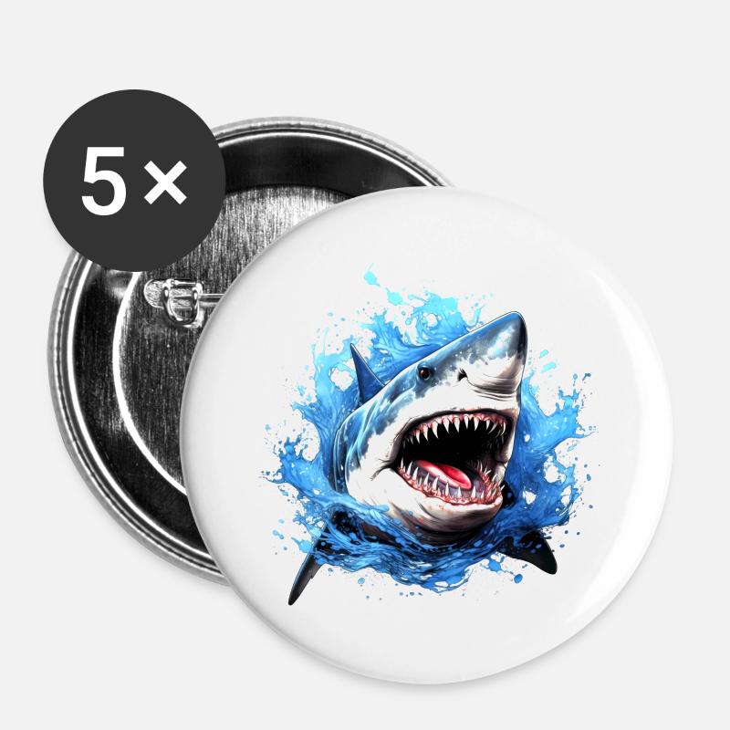 Weißer Hai - Buttons groß 56 mm (5er Pack) - Weiß
