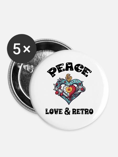 Frieden, Liebe und Retro - Buttons groß 56 mm (5er Pack) - Weiß