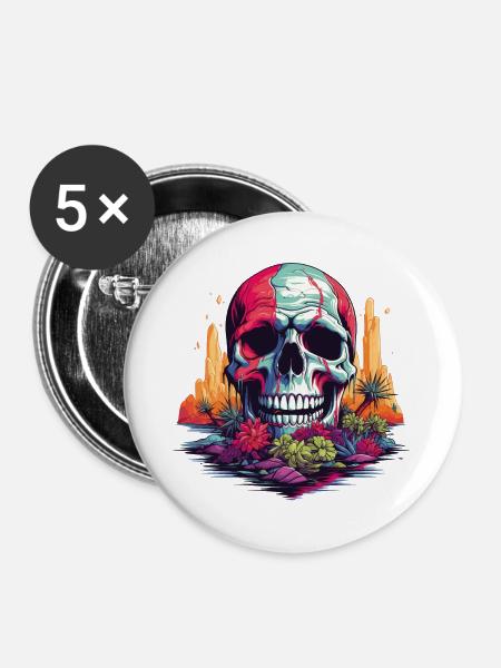 Bunter Totenkopf im Wüstenparadies - Buttons groß 56 mm (5er Pack) - Weiß