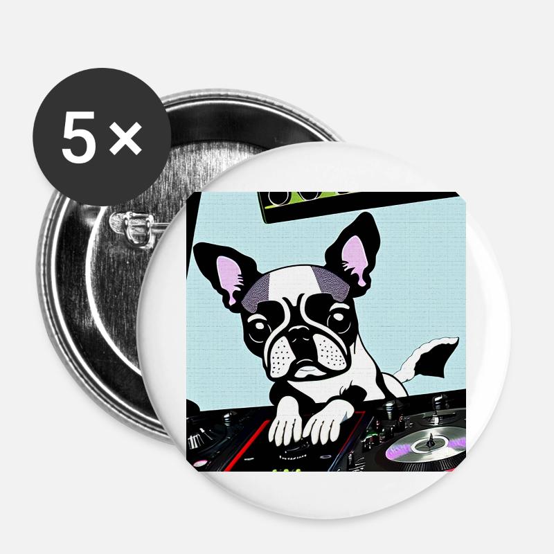 Chien DJ Pop Art - Lot de 5 grands badges (56 mm) - blanc