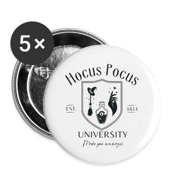 Hocus Pocus Uni - Halloween Wappen für Hexen - Buttons groß 56 mm (5er Pack) - Weiß - Vorne