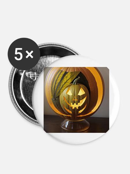 Glaskugel mit Halloween Kürbis - Buttons groß 56 mm (5er Pack) - Weiß