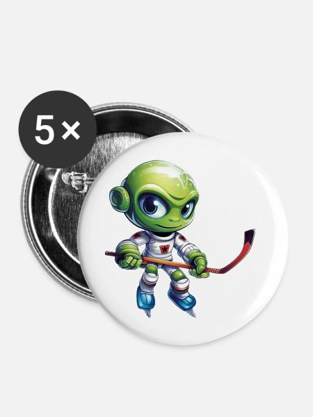 Alien Eishockeyspieler - Buttons groß 56 mm (5er Pack) - Weiß