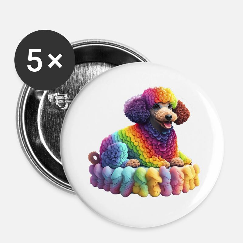 Regenbogen Pudel - Buttons groß 56 mm (5er Pack) - Weiß