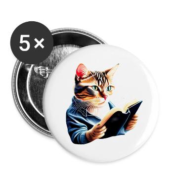 Cat Book Kitten Books Reading Domestic Cat Male - Buttons large 2.2''/56 mm (5-pack) - white - Front