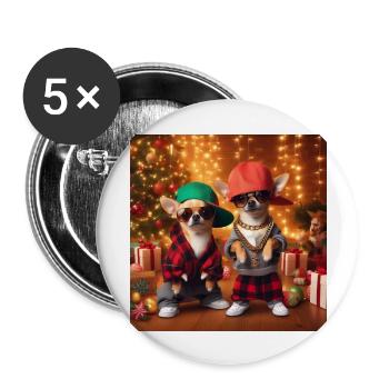 Coole Hip Hop Chihuahuas vor Weihnachtsbaum - Buttons groß 56 mm (5er Pack) - Weiß - Vorne