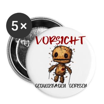 Voodoo Puppe - Vorsicht Geduldsfaden Gerissen - Buttons groß 56 mm (5er Pack) - Weiß - Vorne