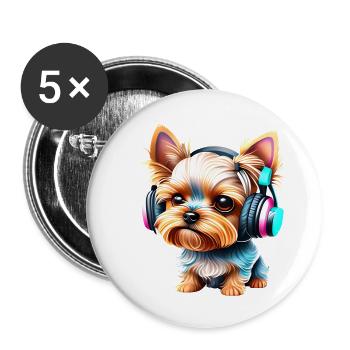 chiot, chien, yorkshire terrier, écouter de la musique - Lot de 5 grands badges (56 mm) - blanc - Devant