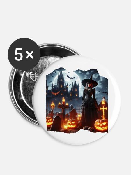 Hexenfriedhof Kürbisse - Buttons groß 56 mm (5er Pack) - Weiß