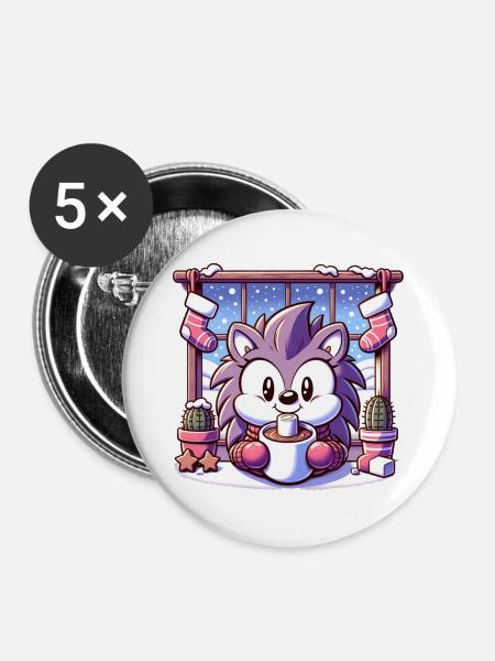 Igel mit Wintermotiv - Buttons groß 56 mm (5er Pack) - Weiß