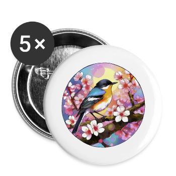 Oiseau coloré sur une branche de cerisier en fleurs - Lot de 5 grands badges (56 mm) - blanc - Devant