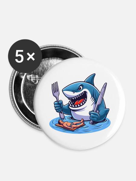 Hungriger Hai - Buttons groß 56 mm (5er Pack) - Weiß