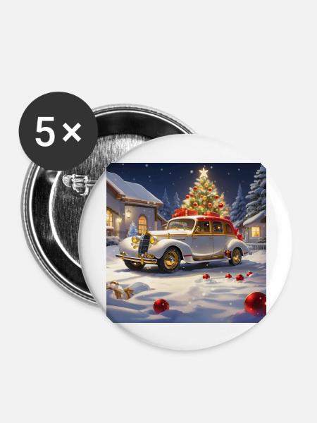 OLDTIMER IM SCHNEE ZU WEIHNACHTEN - Buttons groß 56 mm (5er Pack) - Weiß