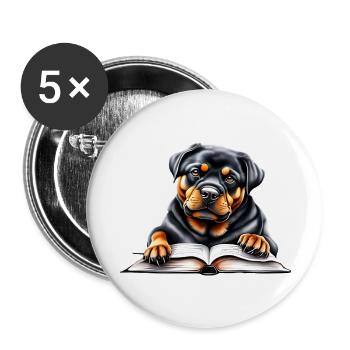 Rottweiler Hund Buch lesen Hunde Rottweilerwelpe - Buttons groß 56 mm (5er Pack) - Weiß - Vorne