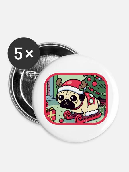Weihnachtlicher Mops - Buttons groß 56 mm (5er Pack) - Weiß