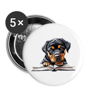 Hunde Rottweiler Hund Buch lesen Rottweilerwelpe - Buttons groß 56 mm (5er Pack) - Weiß - Vorne