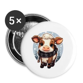 Kälbchen im Winter mit Schal - Buttons groß 56 mm (5er Pack) - Weiß - Vorne