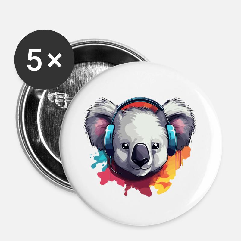 Koala avec écouteurs Koala Bear - Lot de 5 grands badges (56 mm) - blanc
